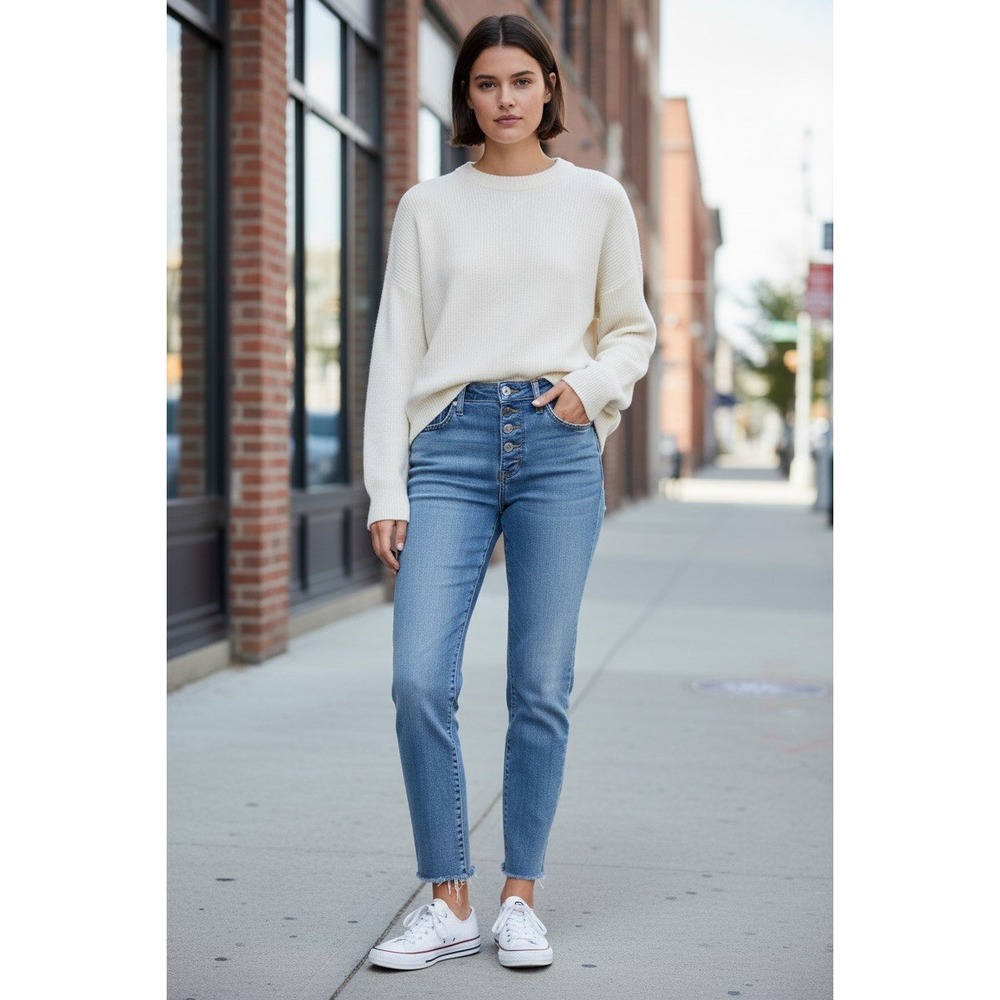 Free People Mid-Rise Skinny Jeans Medium Wash Button Fly Raw Hem Womens Size 28